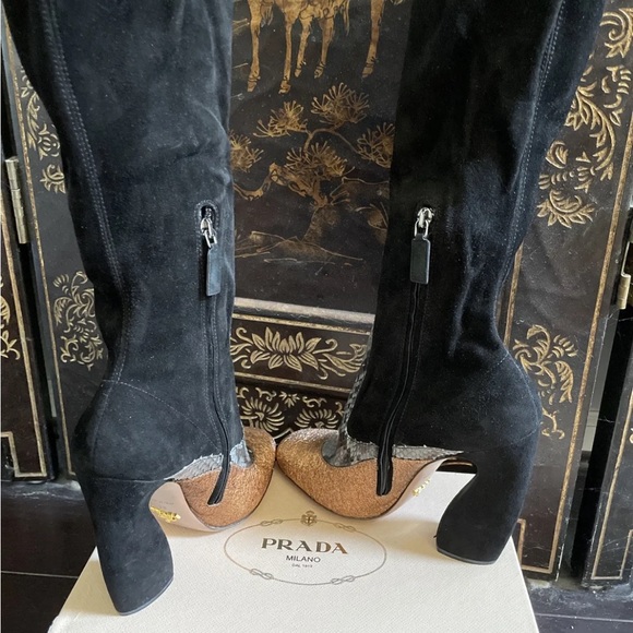 Prada Mary Jane Black Suede Grey Python Copper Metallic Boots Size 38 Rare New - Picture 7 of 10